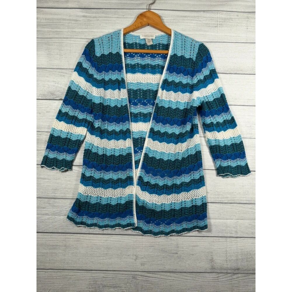 Christopher & Banks Petite P/M Blue White Open Knit Cardigan USA 4100